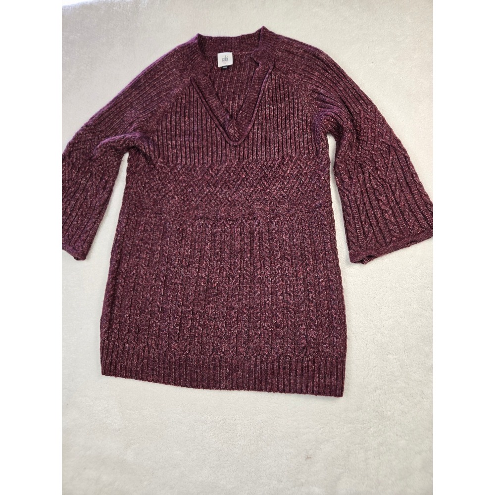 Cabi Burgundy Marl Cable Knit V-Neck Tunic Sweater 4066 Womens Small 3/4 Sleeve